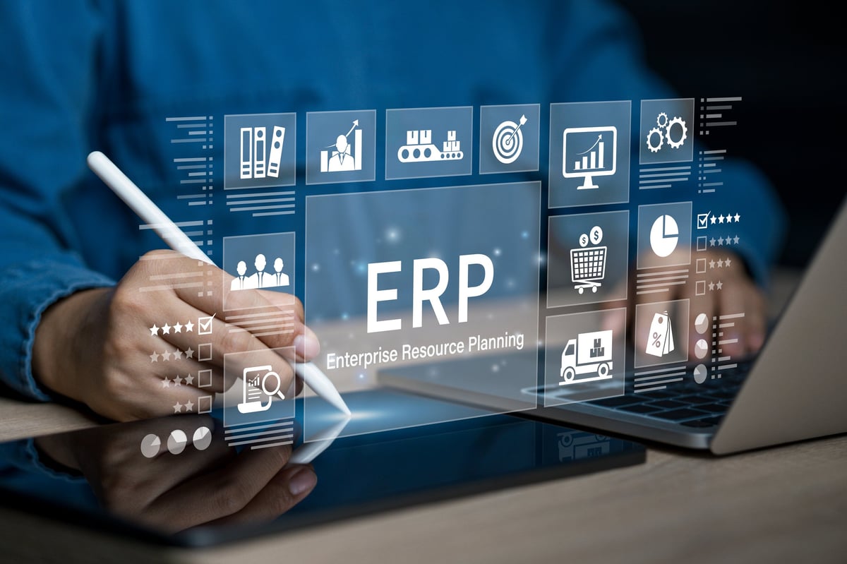Enterprise resource planning concept. Businessman using tablet and laptop for business management planning and company improvement. Technology, Network, Enterprise resource planning.