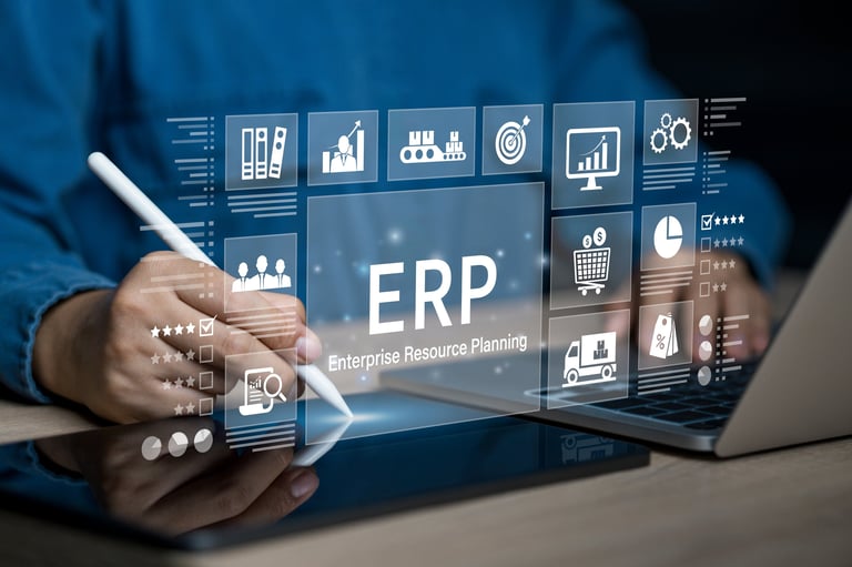 Enterprise resource planning concept, businessman using tablet and laptop for business management planning