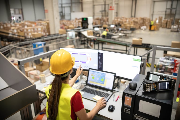 A woman analyzing real-time data on her computer within a warehouse, demonstrating tech integration in logistics
