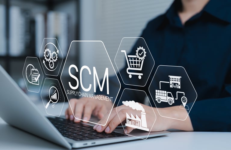 SCM, Supply Chain Management and Logistics System Concept. Person using laptop with icons representing supply chain management, logistics, inventory, delivery, procurement, production processes