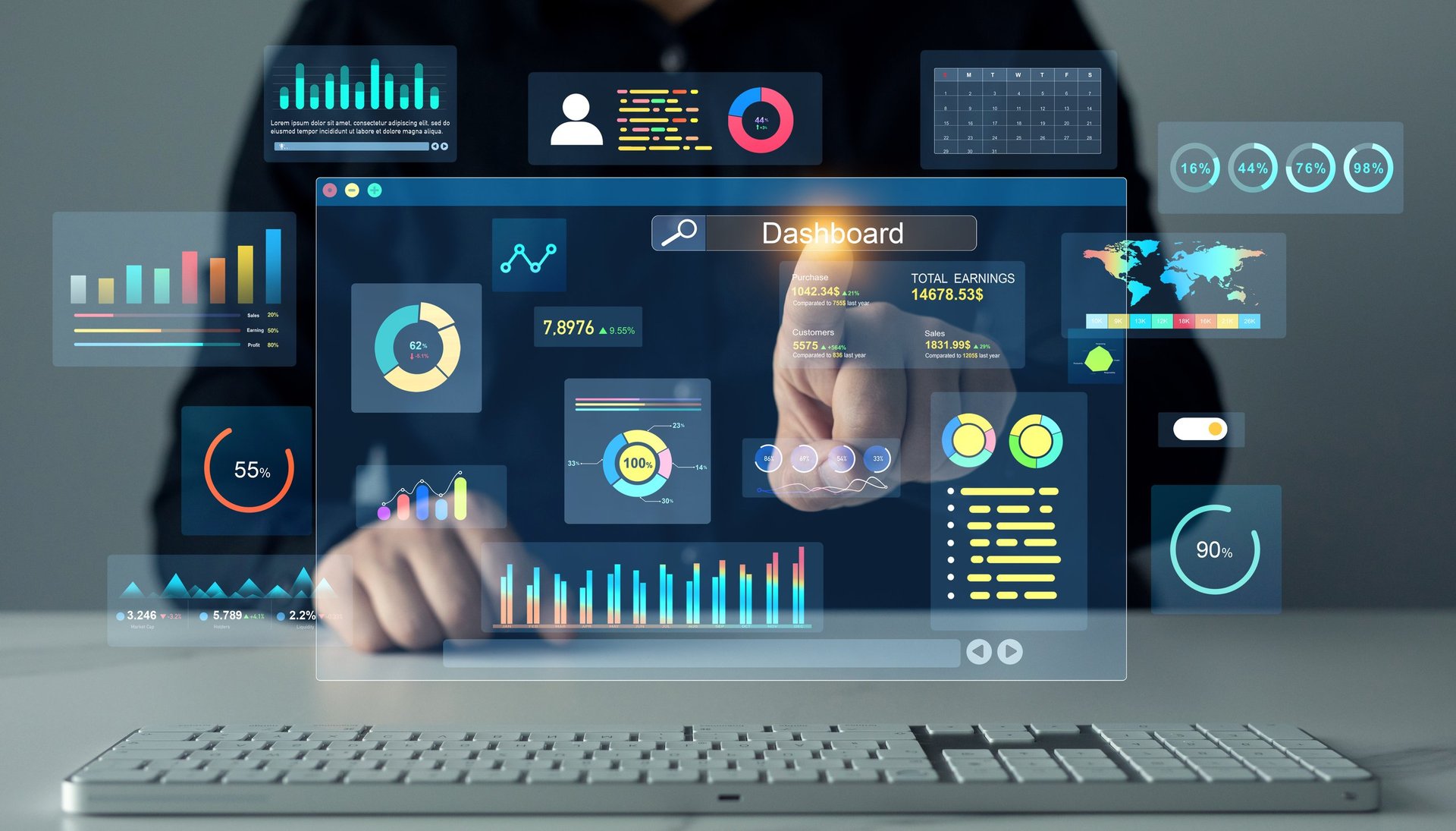 Businessman using a live KPI dashboard showing connected metrics and real-time analytics