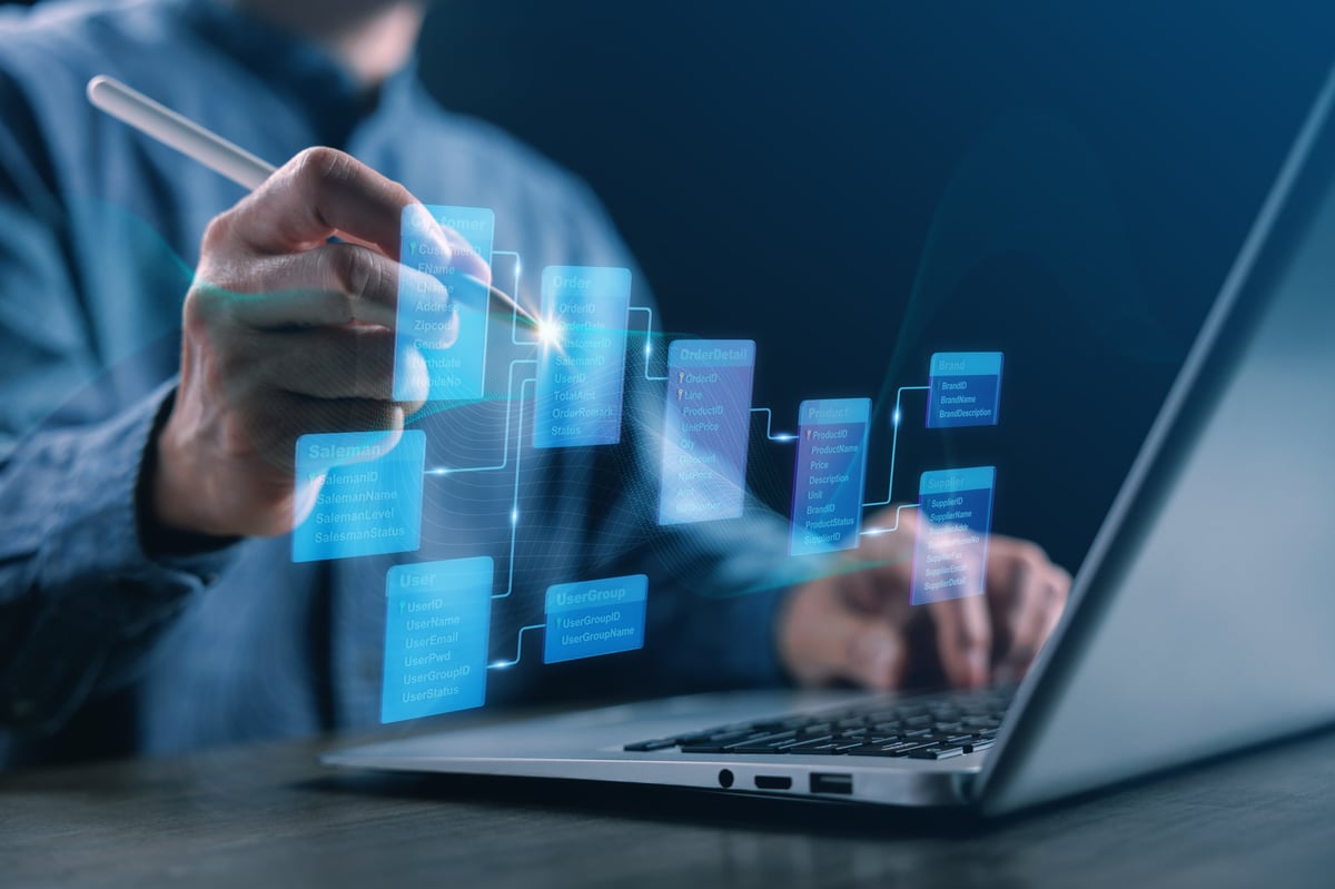 Professional designing database schema and data structure on digital interface, showing data connection, system architecture, and information management for innovative business technology solutions.