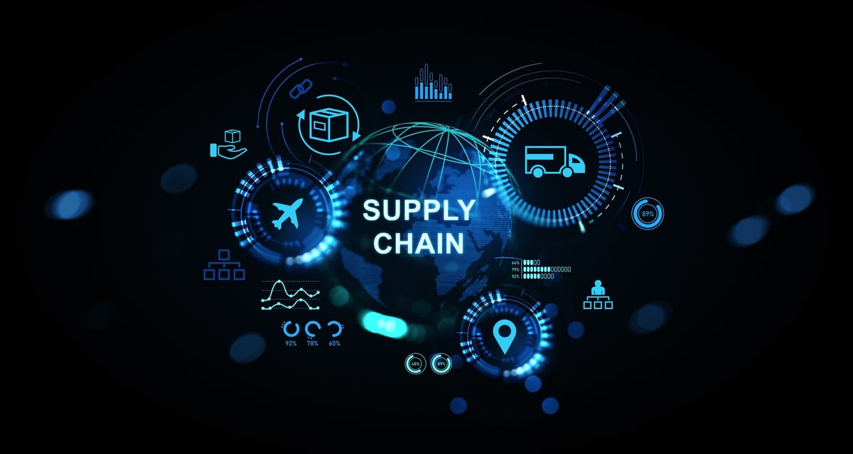 Digital hologram of supply chain concept with logistics icons, futuristic graphic style, glowing dark background. Concept of global distribution system. 3D Rendering