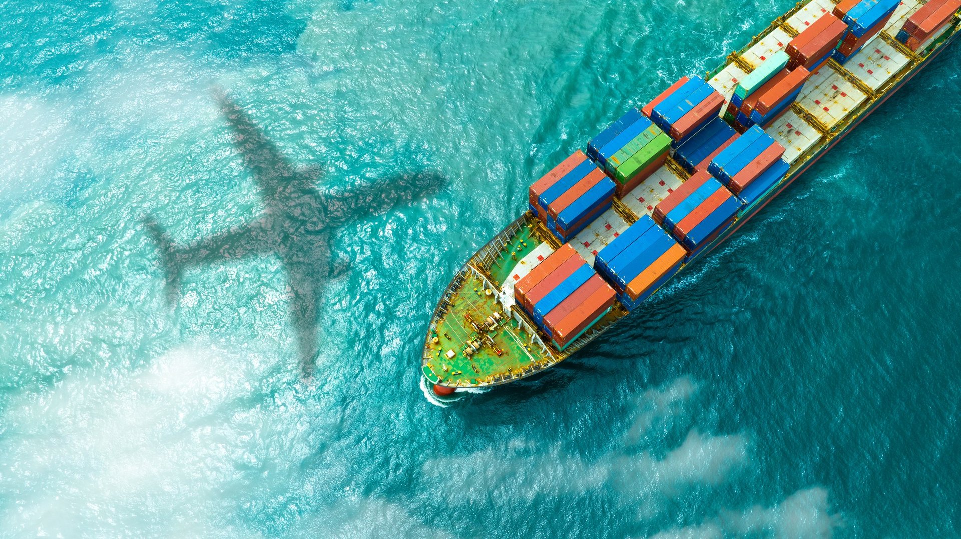Aerial view of the freight shipping transport system cargo ship container, international transportation and logistics