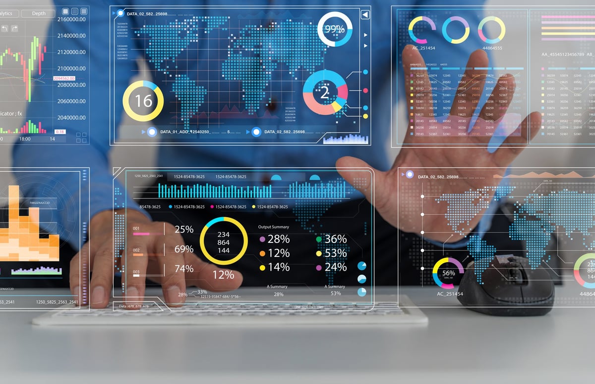 Business person typing on keyboard with virtual dashboard interface, User profile management, global data analysis, digital statistics, cybersecurity system, smart technology and innovation concept