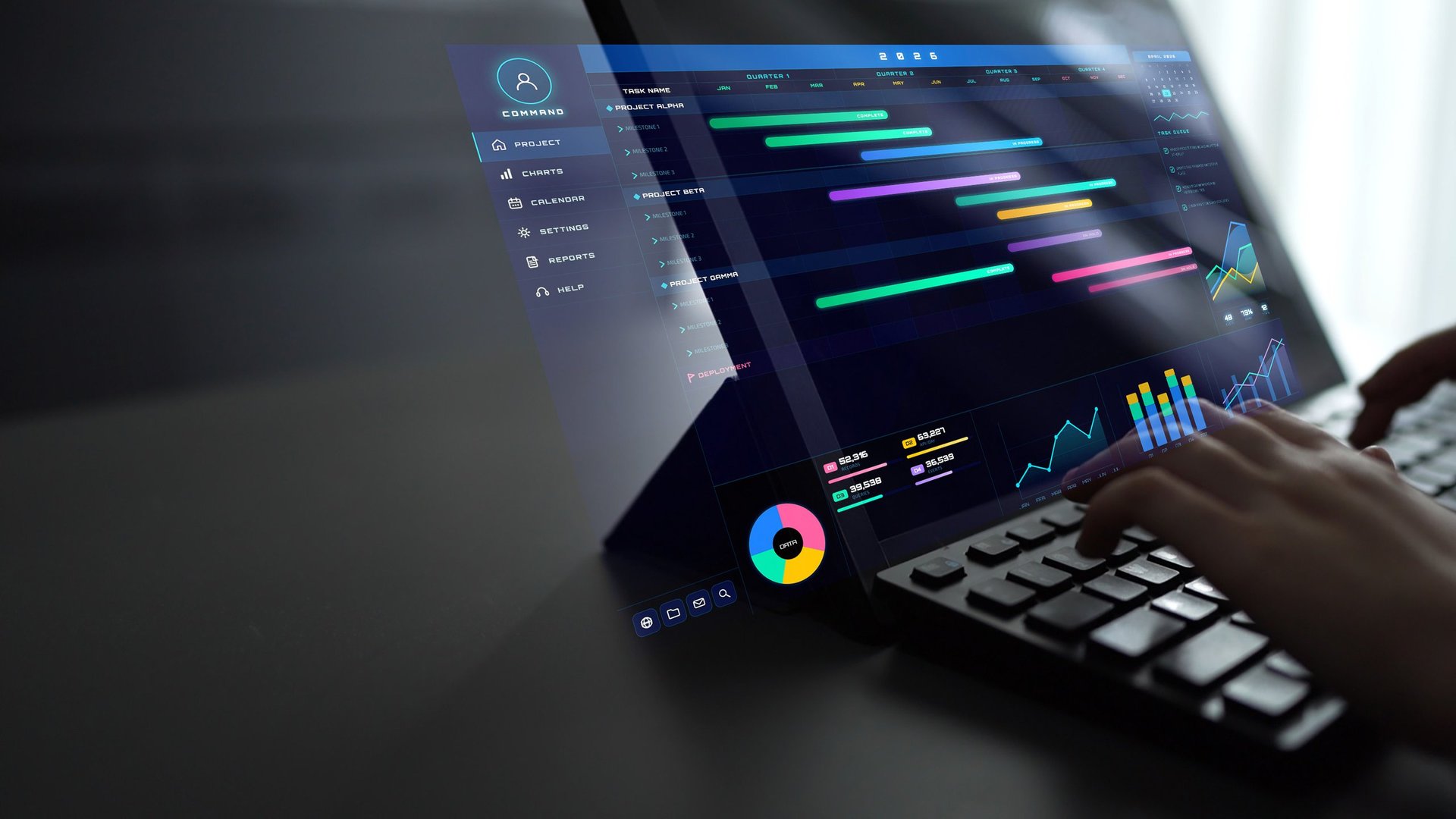 A dynamic workspace showcasing a laptop with vibrant data visualization on the screen, illustrating analysis and project planning through colorful graphs while a user interacts through keyboard input.