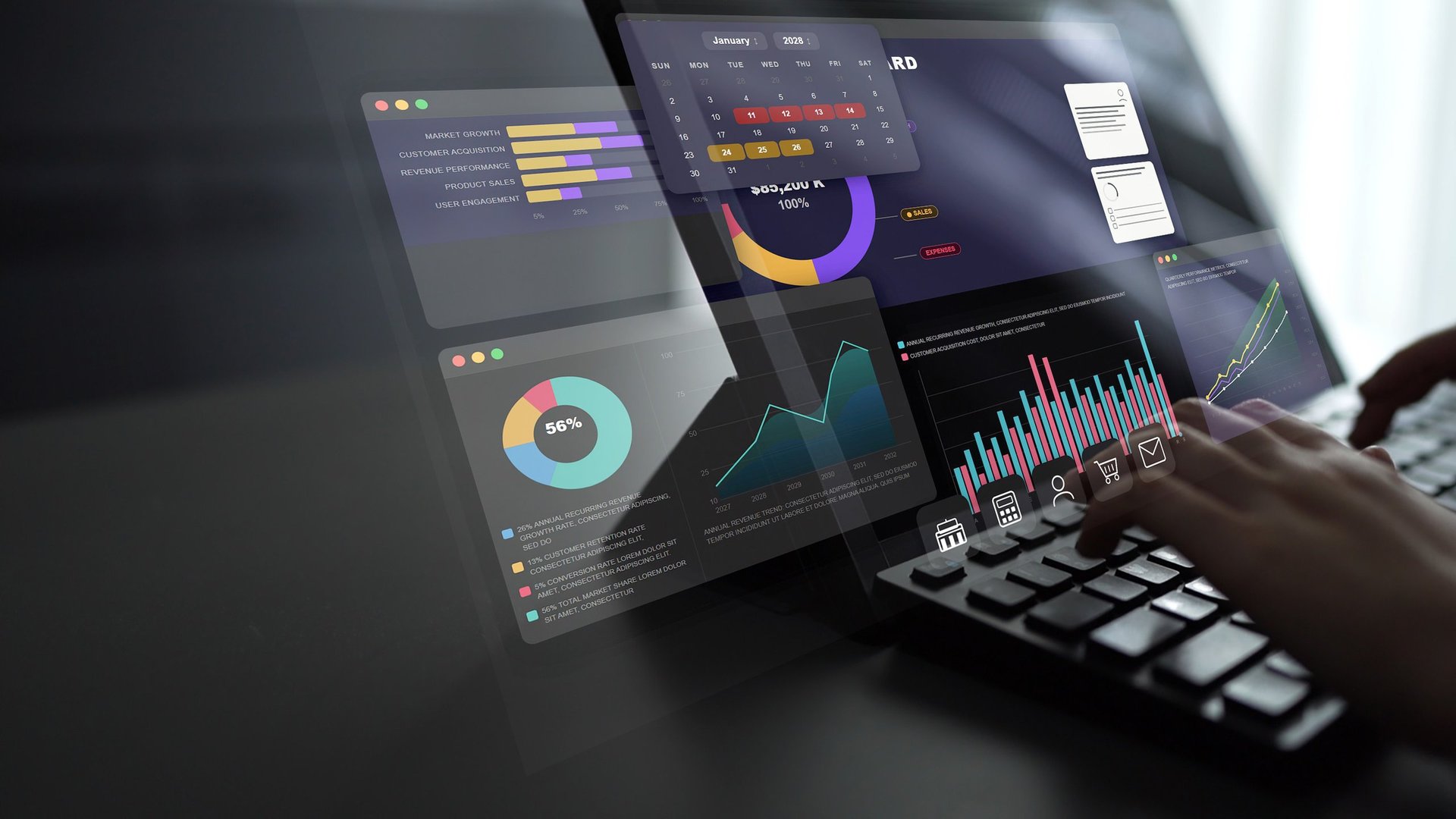 A sleek laptop displays a modern data analytics dashboard featuring colorful graphs, charts, and performance metrics, showcasing data insights in a professional workspace.