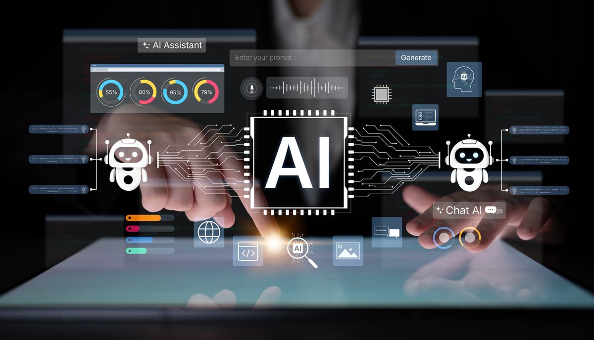 Persoon die werkt met een digitale interface met kunstmatige intelligentie, chatbots en geavanceerde datatools in een moderne zakelijke omgeving