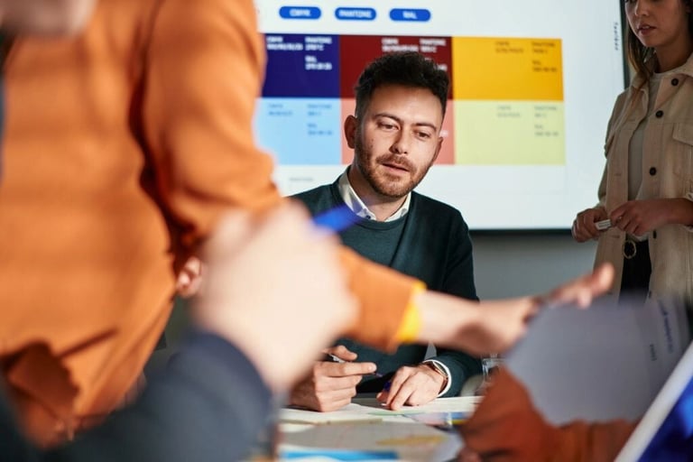 Man in business casual attire listening to colleagues during a meeting with sticky notes and planning board visible in background