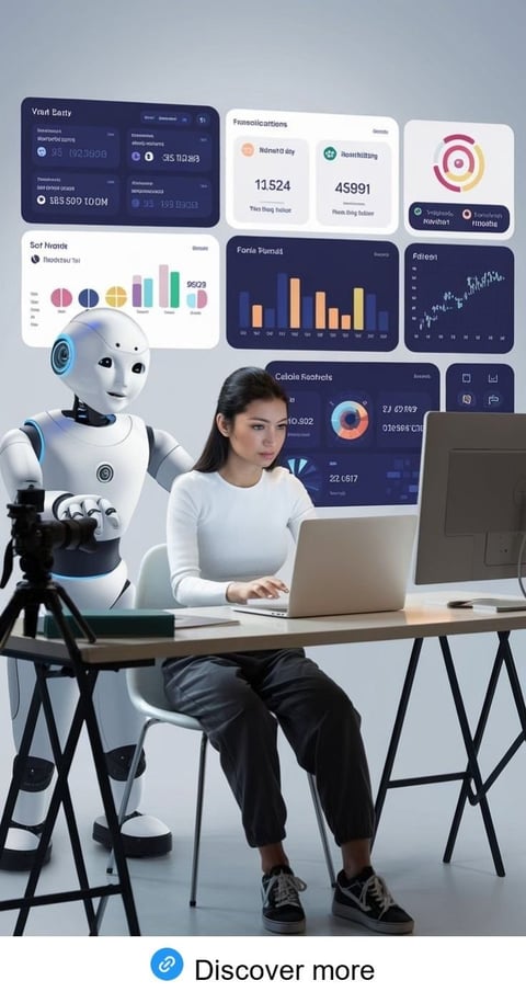 Woman and humanoid robot working together at desk with laptop surrounded by data analytics dashboards on wall