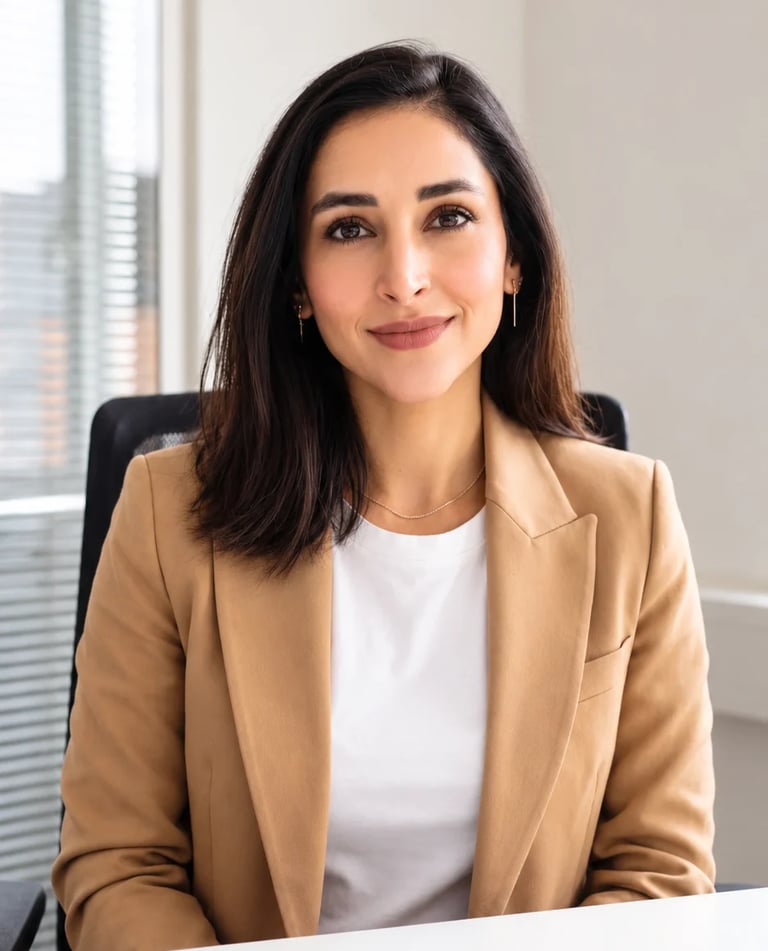 Professional woman with dark hair wearing a beige blazer and white top, seated at a desk in a modern office setting