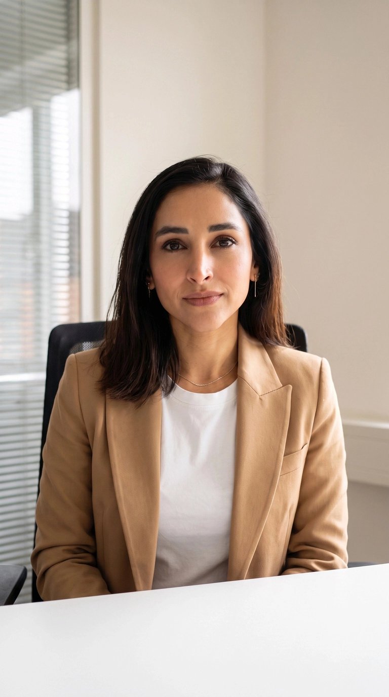 Professional woman with dark hair wearing a tan blazer and white top, sitting at a desk in a modern office setting