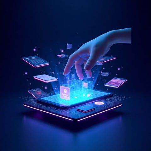Hand hovering over glowing smartphone displaying holographic app icons, surrounded by floating digital devices in blue and pink neon light