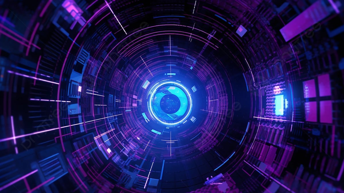 Futuristic blue glowing circular tunnel with neon purple and pink geometric patterns radiating outward through a digital cyber space