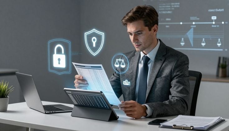 Businessman reviewing documents with digital security and compliance icons floating above his desk workspace