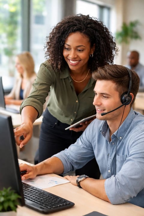 Customer service representatives collaborating at a desk with a computer in a modern office environment.