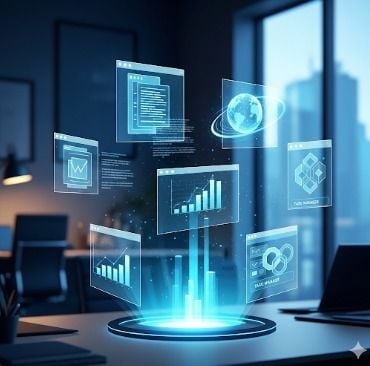Holographic data visualization interface with floating digital screens displaying analytics, charts, and code in a modern office setting