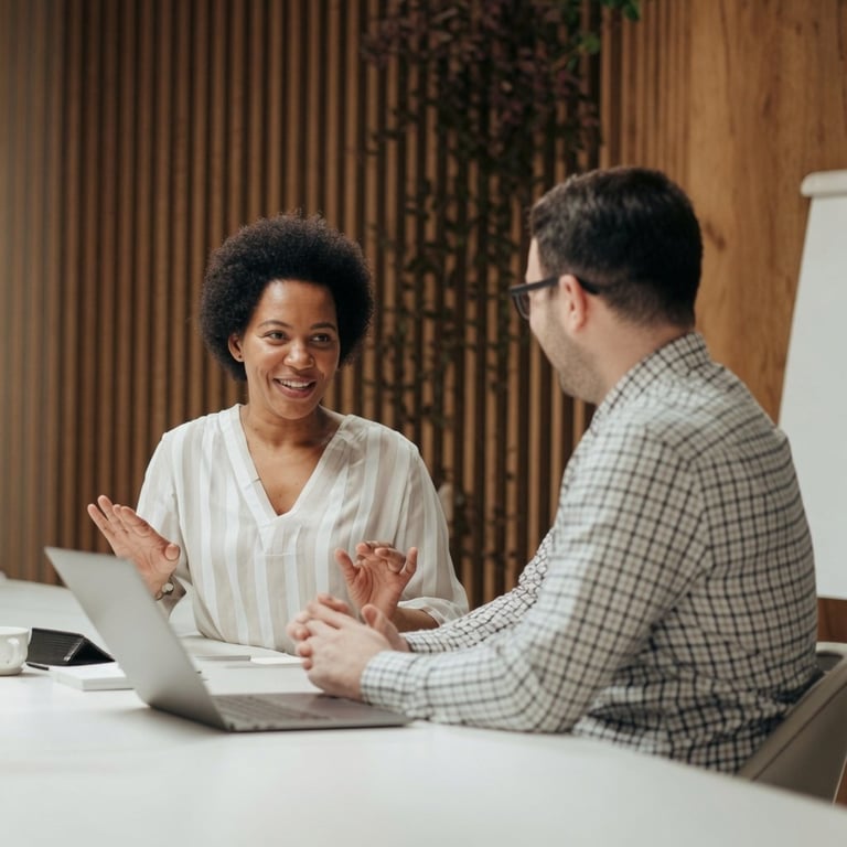 Two professionals having a friendly discussion at a desk with a laptop in a modern office setting