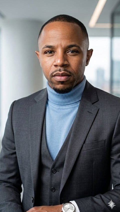 Professional portrait of Lwazi Shamase in charcoal blazer