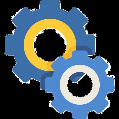 Two interlocking blue gears with yellow and white circular centers representing settings or configuration