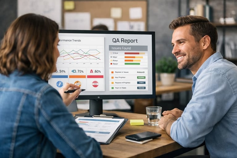 Two business professionals reviewing a QA report and trend analysis on a desktop monitor in an office setting.