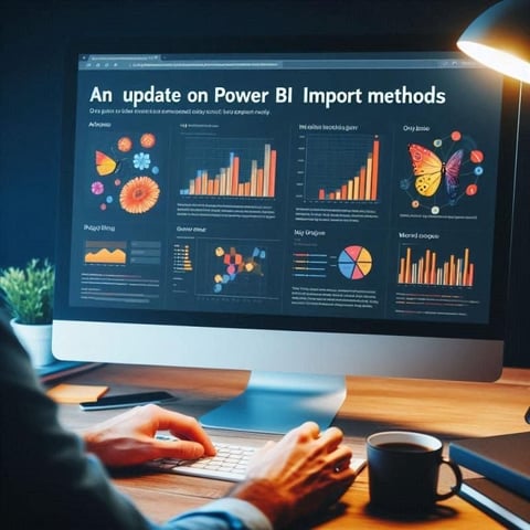 Person working at desk viewing Power BI import methods presentation on monitor with colorful data visualizations and charts