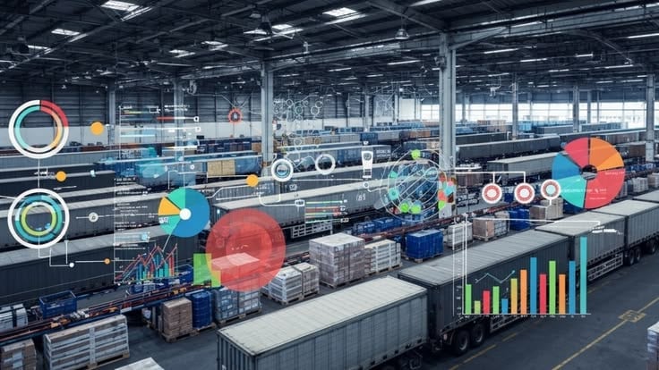 Industrial warehouse with digital overlay showing analytics charts, performance metrics, and data visualization icons