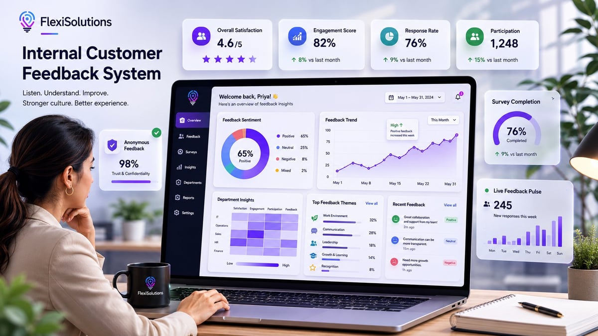 Woman viewing FlexiSolutions Internal Customer Feedback System dashboard displaying metrics, satisfaction scores, and performance analytics on laptop