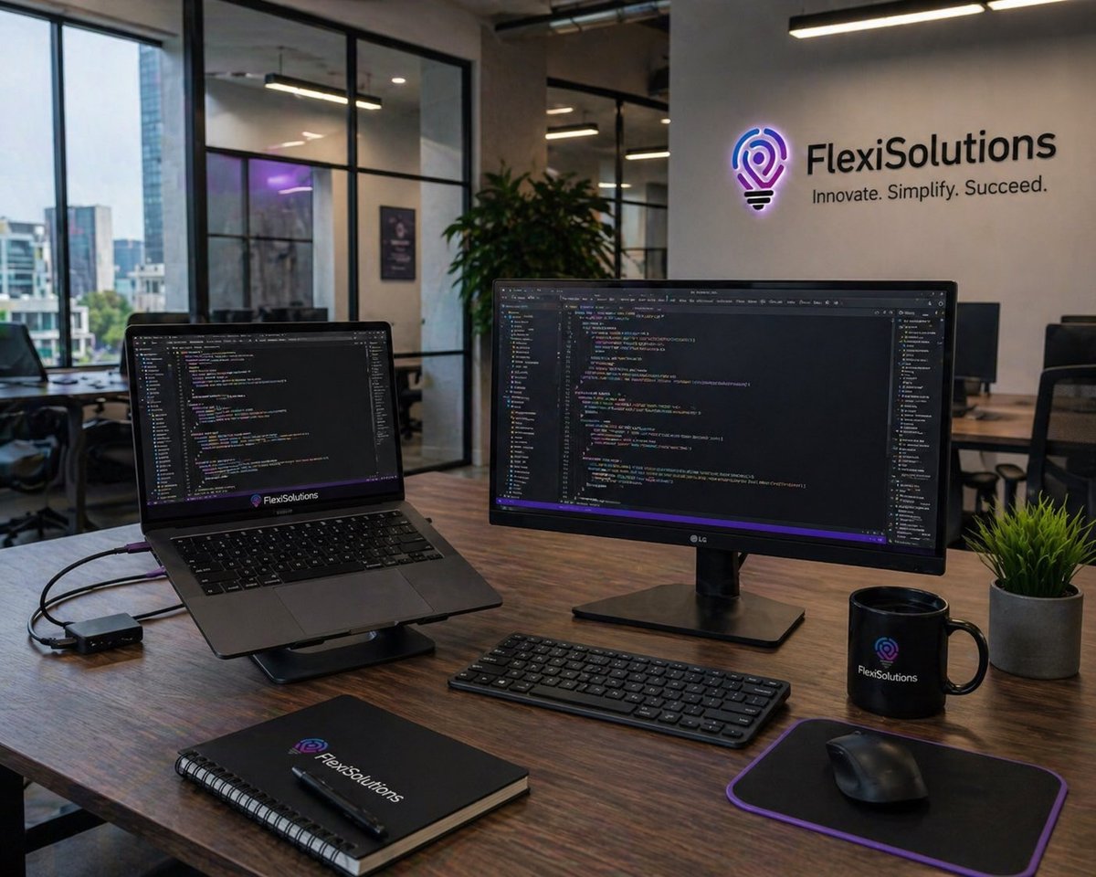 Modern office workspace at FlexiSolutions with desktop monitor displaying code, laptop, keyboard, and notebooks on wooden desk with city view