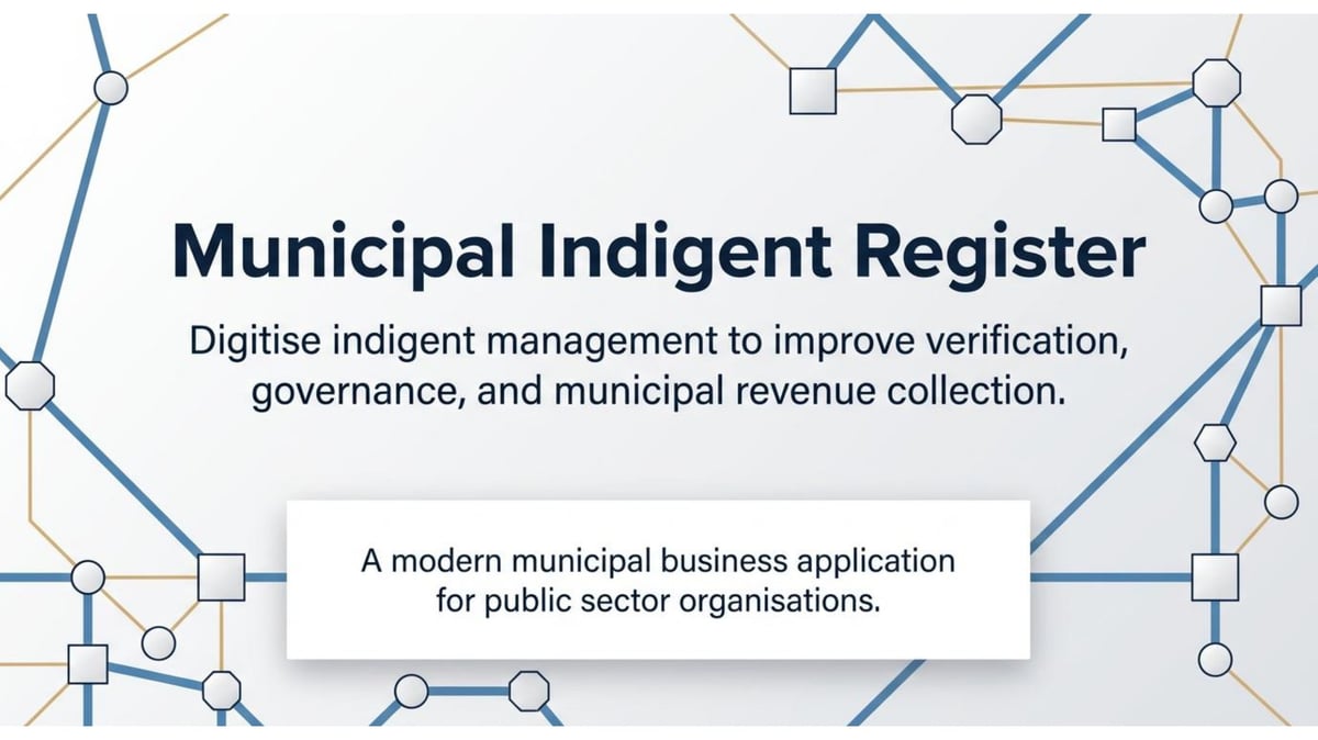 Municipal Indigent Register interface showing digitized management system for verification, governance, and revenue collection for public sector organizations.