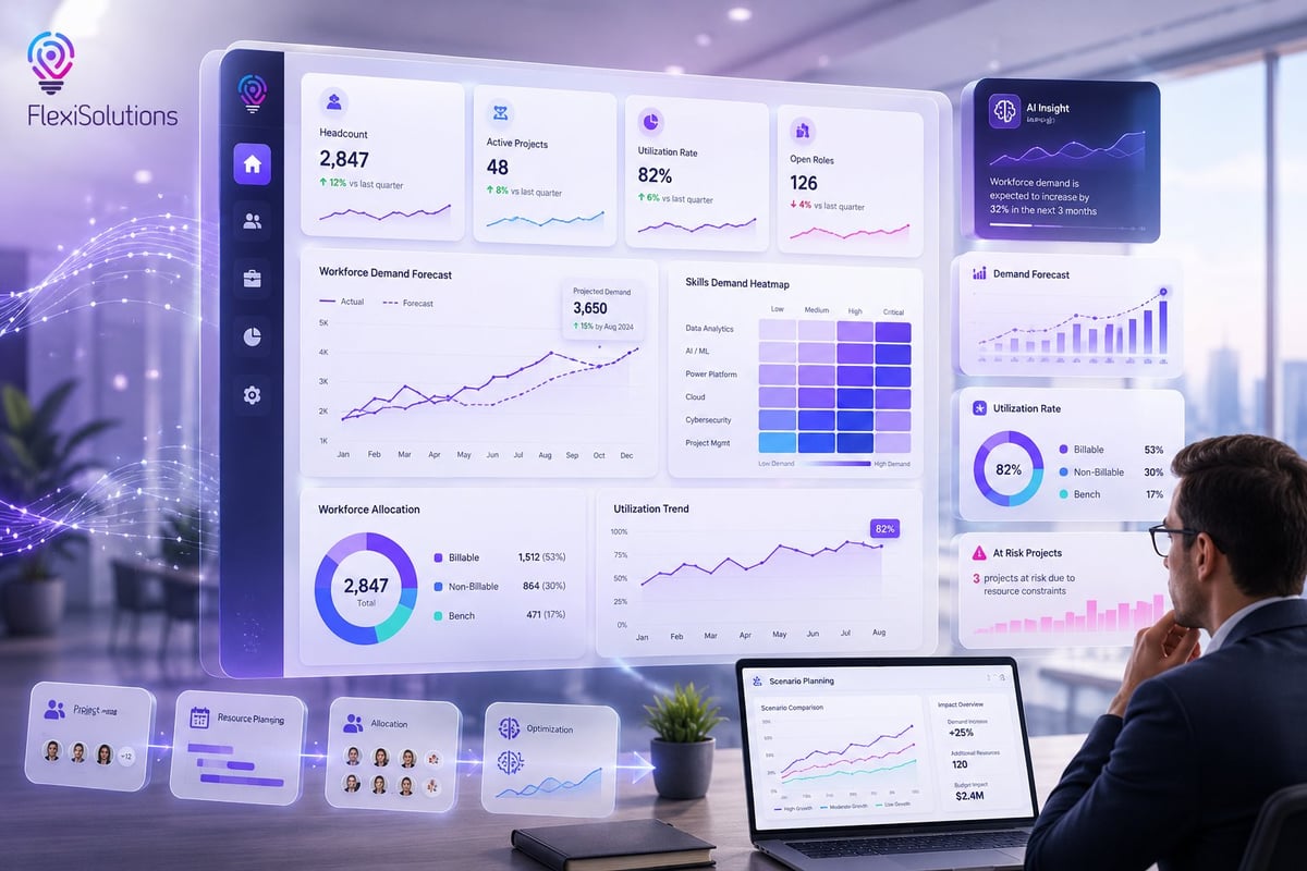 Business analyst viewing FlexiSolutions dashboard with data visualizations, charts, and analytics metrics displayed on a large screen.