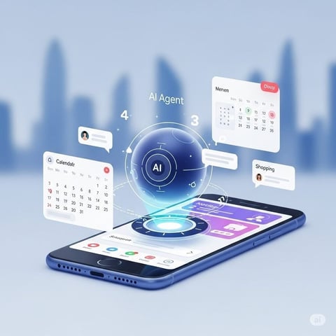 AI assistant interface displayed on smartphone with floating application icons including calendar, notes, and shopping list against blurred city skyline background