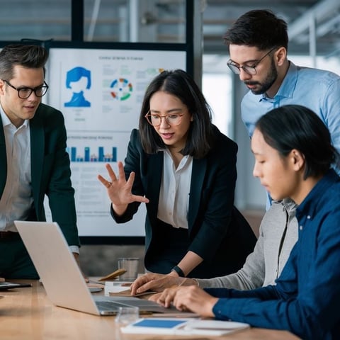 Four business professionals having a meeting around a laptop with data charts and analytics displayed on a board in the background