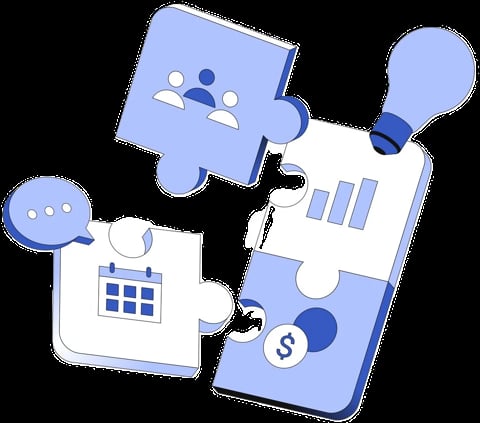 Puzzle pieces illustrating business collaboration features including team communication, calendar scheduling, data analytics, and financial management