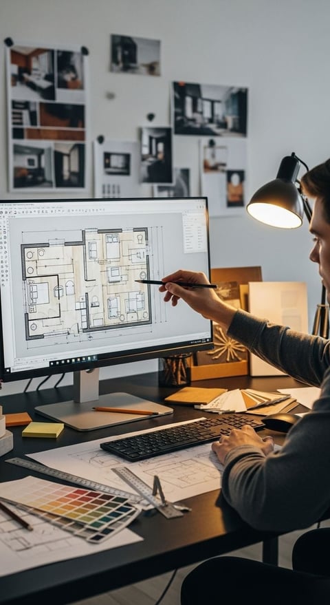 Architect working on floor plan design at desk with computer, sketches, and color palette under desk lamp