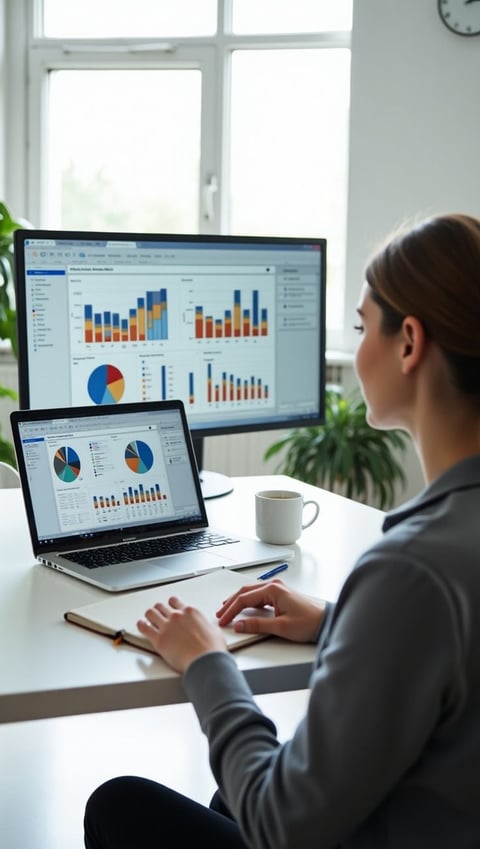 Woman analyzing data dashboards on laptop and monitor displaying colorful charts and graphs at bright office desk