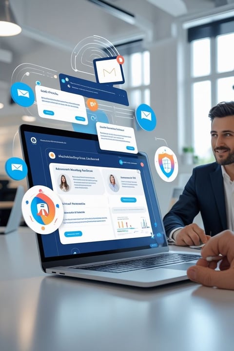 Businessman looking at laptop displaying digital mail and communication interface icons emerging from screen in modern office
