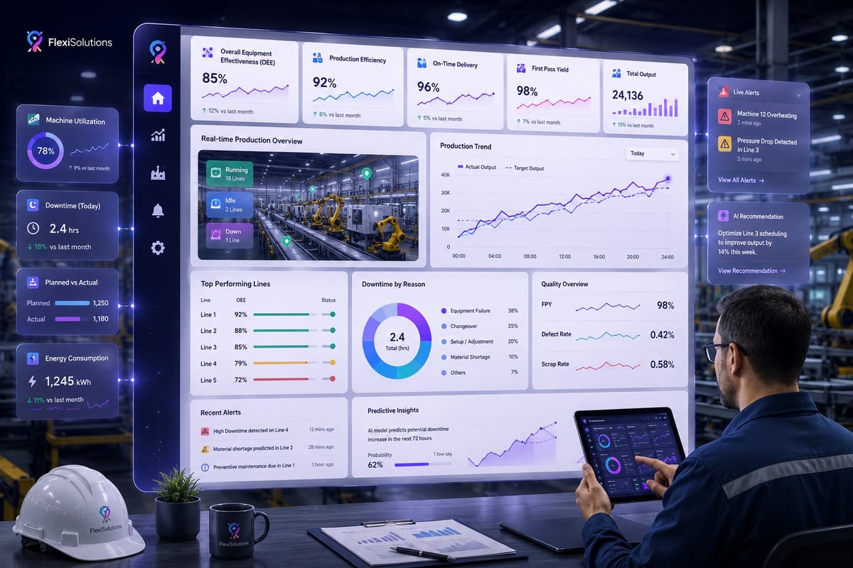Factory worker viewing real-time analytics dashboard on large screen display with performance metrics and data visualizations in industrial setting