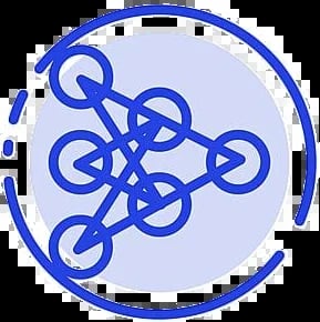 Blue icon of interconnected circles and lines representing network, connection, or molecular structure