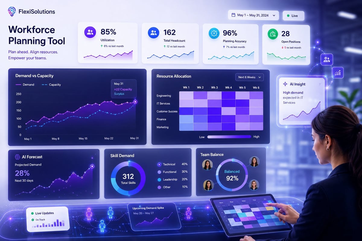 FlexiSolutions Workforce Planning Tool dashboard showing metrics, analytics charts, and heatmaps with a professional viewing the interface on a laptop