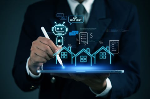 Businessman holding holographic display showing smart home technology with AI, houses, dollar signs, and digital interface icons