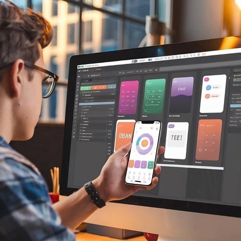 Designer reviewing mobile app wireframes on smartphone while working in design software on desktop monitor