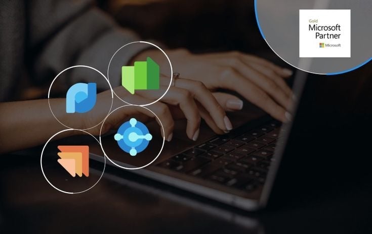 Hands typing on laptop with floating Microsoft software icons including Office, Power BI, Teams, and Designer, with Microsoft Partner badge